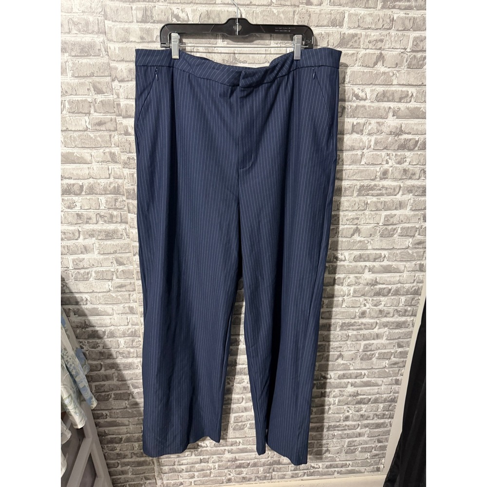 Good American Navy Blue Pinstripe Wide Leg Trousers Side Zip Dress Pants Size 22